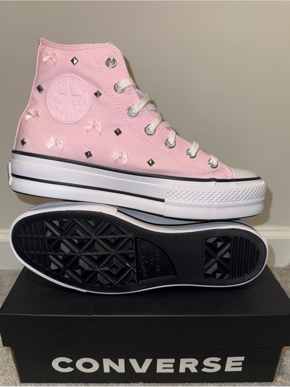 Converse Chuck Taylor All Star High Top Sneakers in Light Pink with Stud Accents - Picture 2 of 9